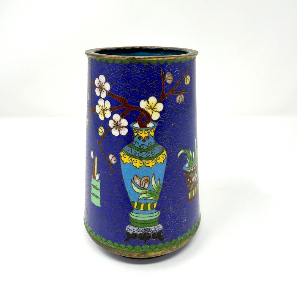 Vintage Chinese Cloisonne Brush Pot Floral Vase Motif Blue 5in